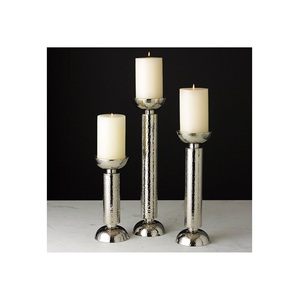 Hammered <b>Silver</b> Pillar CandleHolder Set of 3 Polished Chrome Finish Metal <b>Candlesticks</b> Modern Graduated Heights Tablecenterpiece - Product Image 4