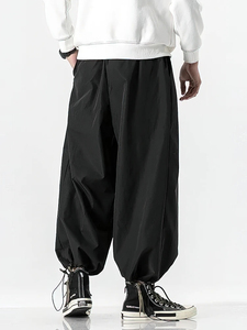 Men's Black <b>Harem</b> Pants Elastic Waist Drawstring Casual Lightweight Breathable Side Pockets Polyester Autumn Style - Product Image 3