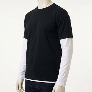 Men's Black Short Sleeve <b>T</b>-<b>Shirt</b> With <b>White</b> Long Sleeve Layer O-Neck Regular <b>Fit</b> Casual Knitted 100% Cotton Contrast Trim Tee - Product Image 3
