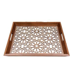 Plateau de service artisanal en bois de noyer avec incrustation de nacre, style ottoman marocain de luxe, avec poignées - Product Image 4
