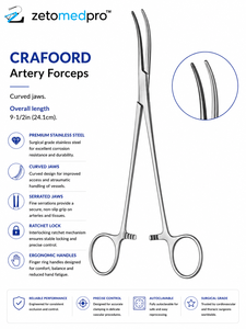 Pinzas Arteriales CRAFOORD con Mordazas Curvas, Longitud Total 9-1/2 pulgadas (24.1 cm), Instrumento Quirúrgico para Cirugía Vascular ZETOMEDPRO - Product Image 3