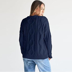 <b>Women</b> Oversized Korean Style Thick <b>Cable</b> <b>Knit</b> Crewneck <b>Sweater</b> Regular Sleeve Solid Black Pullover Casual Autumn Winter Knitwear - Product Image 2