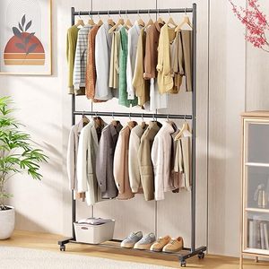 Perchero metálico de doble nivel con ruedas, armario minimalista con soporte de almacenamiento para ropa - Product Image 4