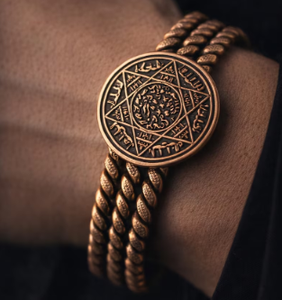 Pure Copper Triple Twisted Wire Open Cuff <b>Bangle</b> Bracelet Vintage <b>Engraved</b> Arabic Calligraphy Seal Hexagram Star Medallion Coin - Product Image 2