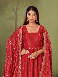 Red Silk Anarkali <b>Suit</b> With Embroidered Dupatta Traditional Indian <b>Wedding</b> <b>Dress</b> <b>Women</b> Floor-Length Loose Fit - Product Image 4
