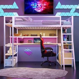 Cama Alta Metálica Blanca Tamaño Individual con Estación de Trabajo Integrada y Múltiples Compartimentos de Almacenamiento con LED - Product Image 1