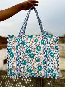 Handmade Indian Quilted Padded Cotton Bohemian Eco-Friendly <b>Foldable</b> Tote <b>Bag</b> for Women Straw Fiber Multipurpose - Product Image 2