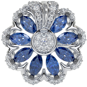 Luxury Blue Sapphire Marquise & White DiamondFlower Cocktail <b>Ring</b> Featuring Accents and <b>Plain</b> High End Polish Band in White Gold - Product Image 6