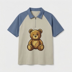 เสื้อโปโลชายสีเบจ-น้ำเงิน แขนสั้น พิมพ์ลายการ์ตูนหมีเท็ดดี้ ซิปหน้า สไตล์ลำลอง ผ้าฝ้ายถัก - Product Image 1