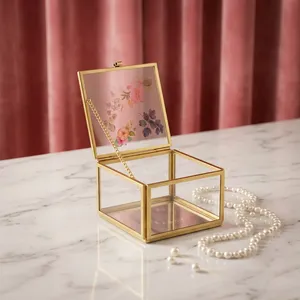 Artisan Design Glass Jewelry Box Brass/<b>Mirror</b> Frame Floral Lid Design <b>Square</b> Shape Bedroom Storage Modern Style Decorative - Product Image 2