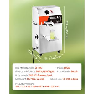 Spremiagrumi Elettrico Commerciale per Canna da Zucchero 800W, Alta Produzione 661LBS/H, 3 Rulli in Acciaio Inox, Voltaggio 110V - Product Image 2