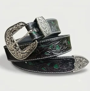 Ceinture en cuir de vachette sculptée à la main, style western, avec des détails floraux profondément gravés, style artisanal en alliage doré d'inspiration vintage - Product Image 1