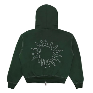 Men's Dark Green Hooded Sweatshirt Oversized Fit Hand Embroidery <b>Back</b> Design Casual Autumn Wear Regular Sleeve Knitted - Product Image 1