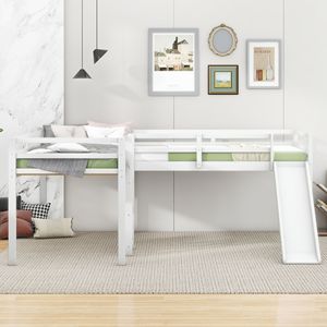 Letto a soppalco a forma di L bianco, singolo, con scaletta e scivolo, mobili per bambini - Product Image 3