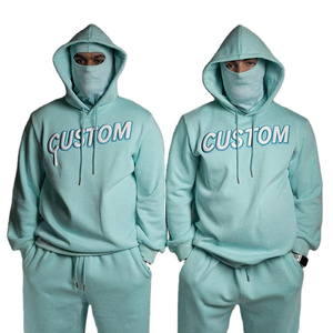 Sweat-shirt à capuche oversize avec fermeture éclair intégrale, bleu clair, imprimé en relief, décontracté, en polyester tricoté, avec masque intégré, 100 % coton molletonné - Product Image 1
