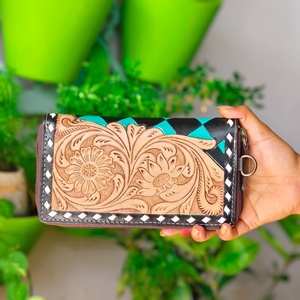 Cartera de Mano de Cuero Genuino a Cuadros de Primera Calidad, Diseño Floral, con Cierre, Anti-Robo, Múltiples Ranuras para Tarjetas, para Mujer - Product Image 1