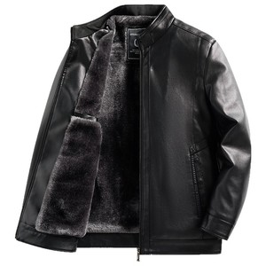 Veste en cuir noire pour homme, manches longues, coupe-vent, style hiver chaud doublé de polaire - Product Image 2
