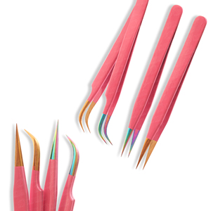 Pince à cils professionnelle pour greffe, à pointe fine semi-droite, avec embout rose, multi-antimagnétique - Product Image 5