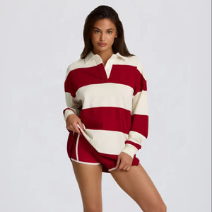 Camisa Retro de los 90 con Rayas Personalizadas Rojo-Blanco, Cuello Polo Extra Grande, Manga Larga, Estilo Casual y Moderno - Product Image 1