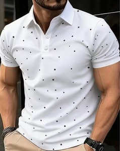 Chemise pour homme en polyester/coton respirant à imprimé numérique à pois blancs, vêtement décontracté pour le bureau et les occasions de dîner - Product Image 1
