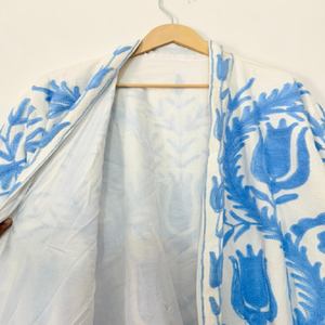 Blue Suzani Embroidered Cotton Kimono with Bohemian Long <b>Duster</b> Silhouette Lightweight Open Front Robe - Product Image 4