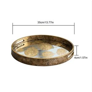 Gold Leaf Print Round Trays For Tea Snacks Serve Home Use Decorative Trays Enamel Coated Wooden Serving Tray For Parties Event - Product Image 1