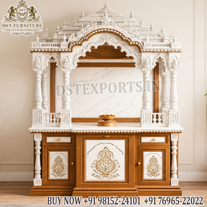 Traditional Swaminarayan Style Teak Wood Temple for Home Premium Gold Finish Hindu Temple Cabinet Intricately Carved Puja <b>Mandir</b> - Product Image 2