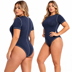 Wholesale Plus Size Navy Blue Short Sleeve Bodysuit Contrast Stitching Women One Piece Round Neck Casual Bodysuit for Women - Product Image 4