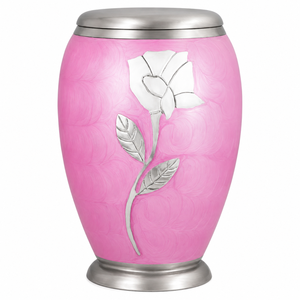 Handcrafted Pink Floral Cremation Urn for Human Ashes - Elegant Metal <b>Memorial</b> Funeral <b>Keepsake</b> with Silver Rose Engraving - Product Image 1