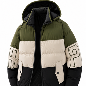 Men's Winter Color Block Hooded Puffer Jacket With Letter Print Zip-Up Stand Collar Windproof Casual Outerwear - Product Image 6