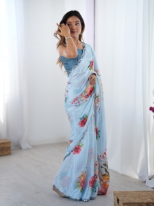 Elegante Saree Tradicional Azul Claro con Borde de Encaje de Espejo de Secado Rápido para Mujer, Saree Indio para Fiestas - Product Image 4