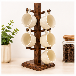 Handmade Rustic Wooden Mug <b>Tree</b> <b>Stand</b> Space-Saving 6-Hook Coffee Cup Rack For Tabletop Display & Home Decor Sustainable Beech - Product Image 2