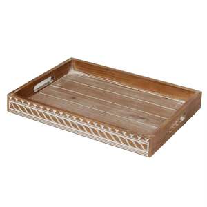 Decorative Wooden Serving Tray with Cutout Handles Rustic Carved Rectangular Tray for Kitchen Dining <b>Coffee</b> <b>Table</b> Decor - Product Image 1