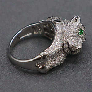 Silver Gold Plated 18k Customizable Weight Panther <b>Ring</b> Brilliant Cut Lab Grown <b>Diamonds</b> Filled Emerald Eyes IGI Certified - Product Image 3