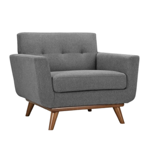Fauteuil en tissu capitonné de style mid-century modern avec pieds en bois pour salon - Product Image 1