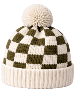 Gorro de Punto a Cuadros Blanco Oliva Personalizado, Gorro de Invierno Cálido con Pompón, Gorro de Punto Grueso Unisex, Gorro con Logo Personalizado, Proveedor OEM - Product Image 1