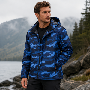 Custom Unisex <b>Waterproof</b> Blue <b>Camo</b> Stand Hooded <b>Jacket</b> High Street Style Heat Transfer Print Zip Front Nylon Outdoor Front Logo - Product Image 3