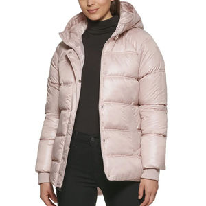 Women's Hooded <b>Quilted</b> Puffer Jacket Solid Color Full Sleeve Zipper Closure <b>Winter</b> Wear - Product Image 1