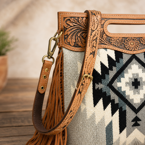 Sac à main en cuir et laine tissé à la main avec franges pour femmes |   Sac à bandoulière à motif géométrique en cuir de vachette |   Qualité d'exportation supérieure en provenance d'Inde - Product Image 5