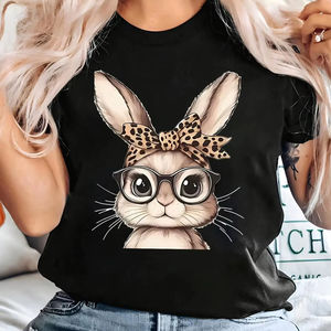 Camiseta informal con cuello redondo para mujer con estampado gráfico de conejito, Top de tela de punto de manga corta para todas las estaciones, camisetas para mujer - Product Image 5