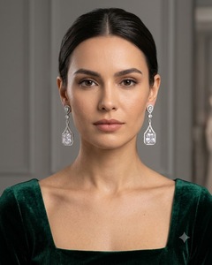 Square Cut Stone Geometric Frame Pear <b>Halo</b> Stud and Long Dangle <b>Earring</b> Design for Women Party Wear Dangle <b>Earrings</b> Manufacturer - Product Image 3