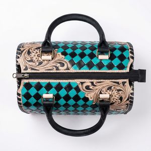 Bolso de mano mini Speedy para mujer, de cuero 100% genuino, con diseño floral tallado y patrón a cuadros de diamantes en azul cielo y negro. - Product Image 3