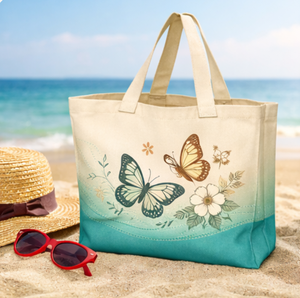 Bolsa de Playa de Lona con Estampado Floral de Mariposas, Gran Capacidad, Asa Superior, Bolsa de Compras Casual para Uso Diario - Product Image 1