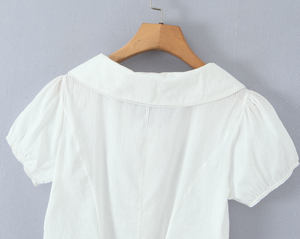 Women’s White Cotton Crop <b>Top</b> Peter Pan Collar Button Up Lace Up Short Sleeve Casual Summer Fashion Tee - Product Image 6
