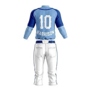 Ensemble d'uniformes de baseball personnalisés pour hommes, maillot rayé bleu, pantalon blanc, manches longues, polyester respirant, toutes saisons, taille adulte - Product Image 2