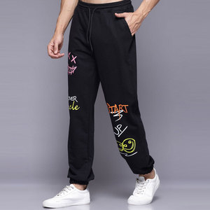 Pantalon de jogging décontracté pour homme en coton noir, taille élastique avec cordon de serrage, style urbain, motif lettres imprimées, collection automne - Product Image 5
