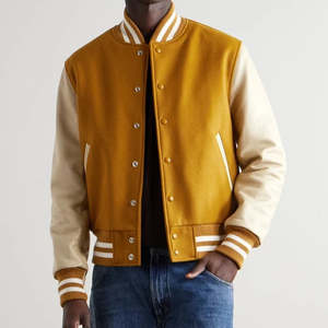 Veste universitaire pour homme, couleur unie jaune moutarde beige, manches à col rabattu, fermeture boutonnée, coupe classique, vêtements décontractés d'automne - Product Image 2