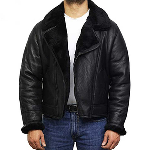 Men's Black Genuine Leather Moto <b>Biker</b> <b>Jacket</b> With Faux Fur Lining Turn-down Collar Zipper Closure Short Length Winter Wear - Product Image 4
