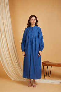 Breezy Sky Blue Cotton Maxi <b>Dress</b> Featuring Long Sleeves Stand Collar and Pleated Flowing Silhouette for Summer Casual Wear - Product Image 4
