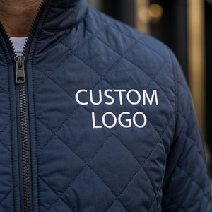 Men's Navy Quilted <b>Jacket</b> With Custom Logo Front Zipper Stand Collar Casual Autumn Wear Windproof Polyester Wadding - Product Image 6
